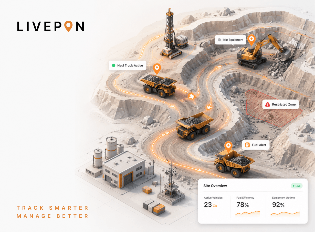 LivePin — real-time mining site overview with vehicle tracking and zone alerts