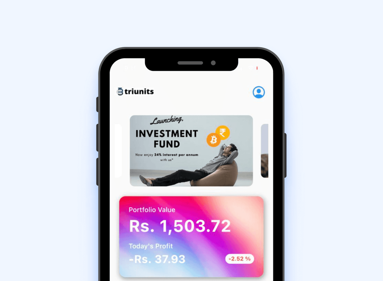 Triunits mobile app — portfolio value and investment fund dashboard